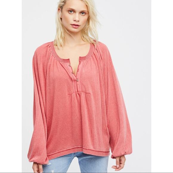 FP We The Free Arcadia Henley Burnout Top Orange Size M Boho Relaxed Fit Loose - Picture 1 of 13